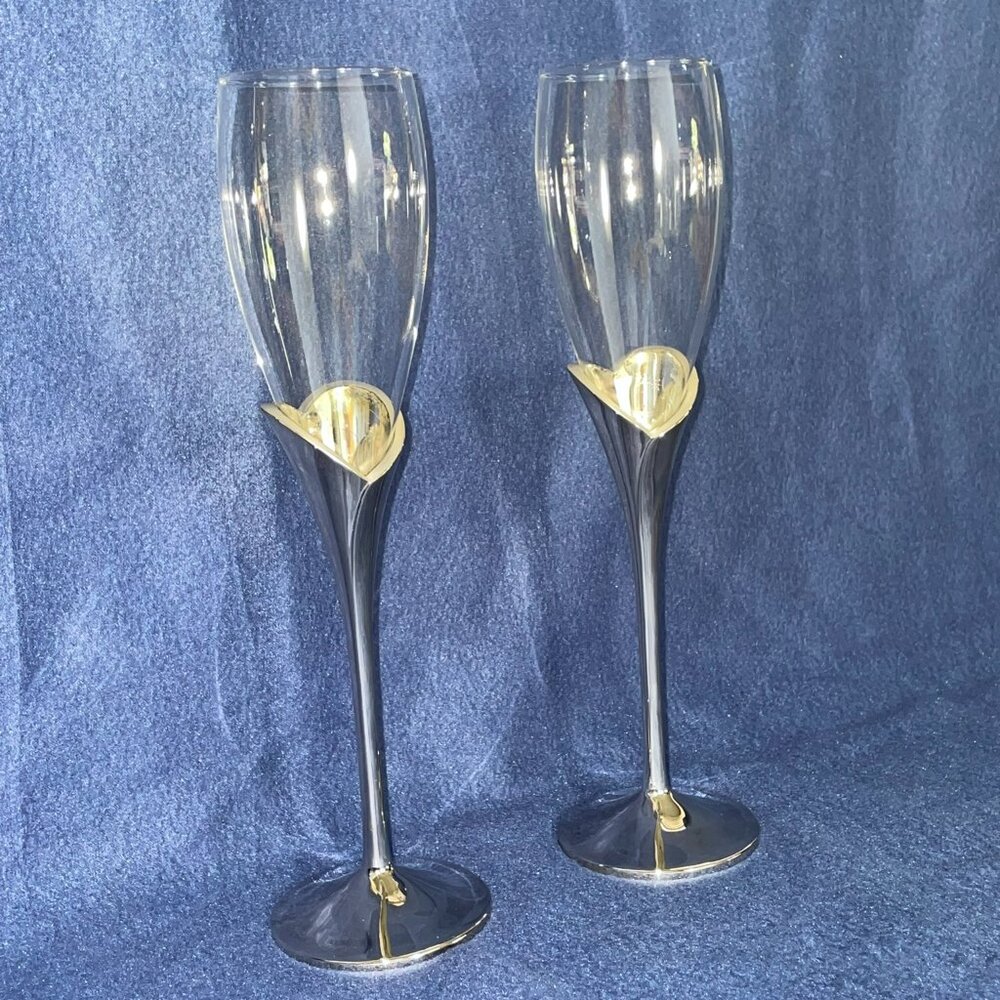 Lenox Wedding Promises Silver Heart Stem Crystal Champagne Flutes